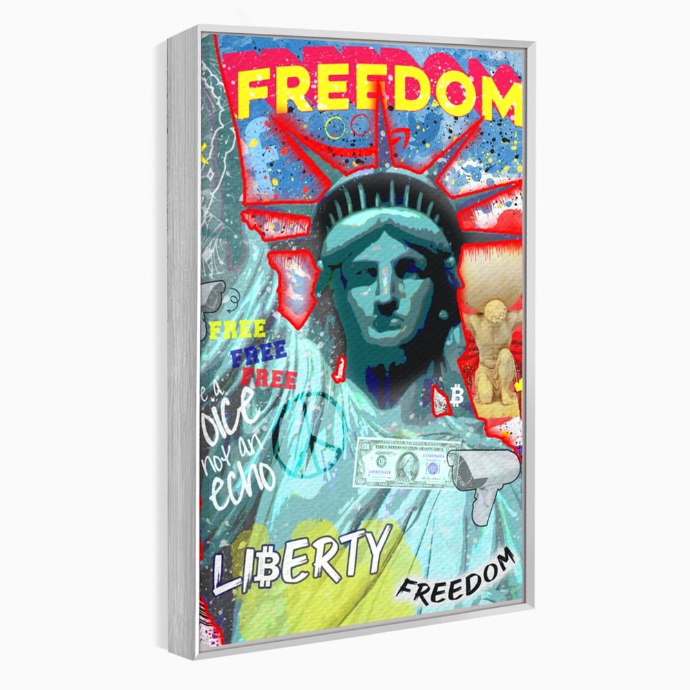 Tablou canvas cu tablou canvas cu statuia libertatii si graffiti, in rama de aluminiu argintiu